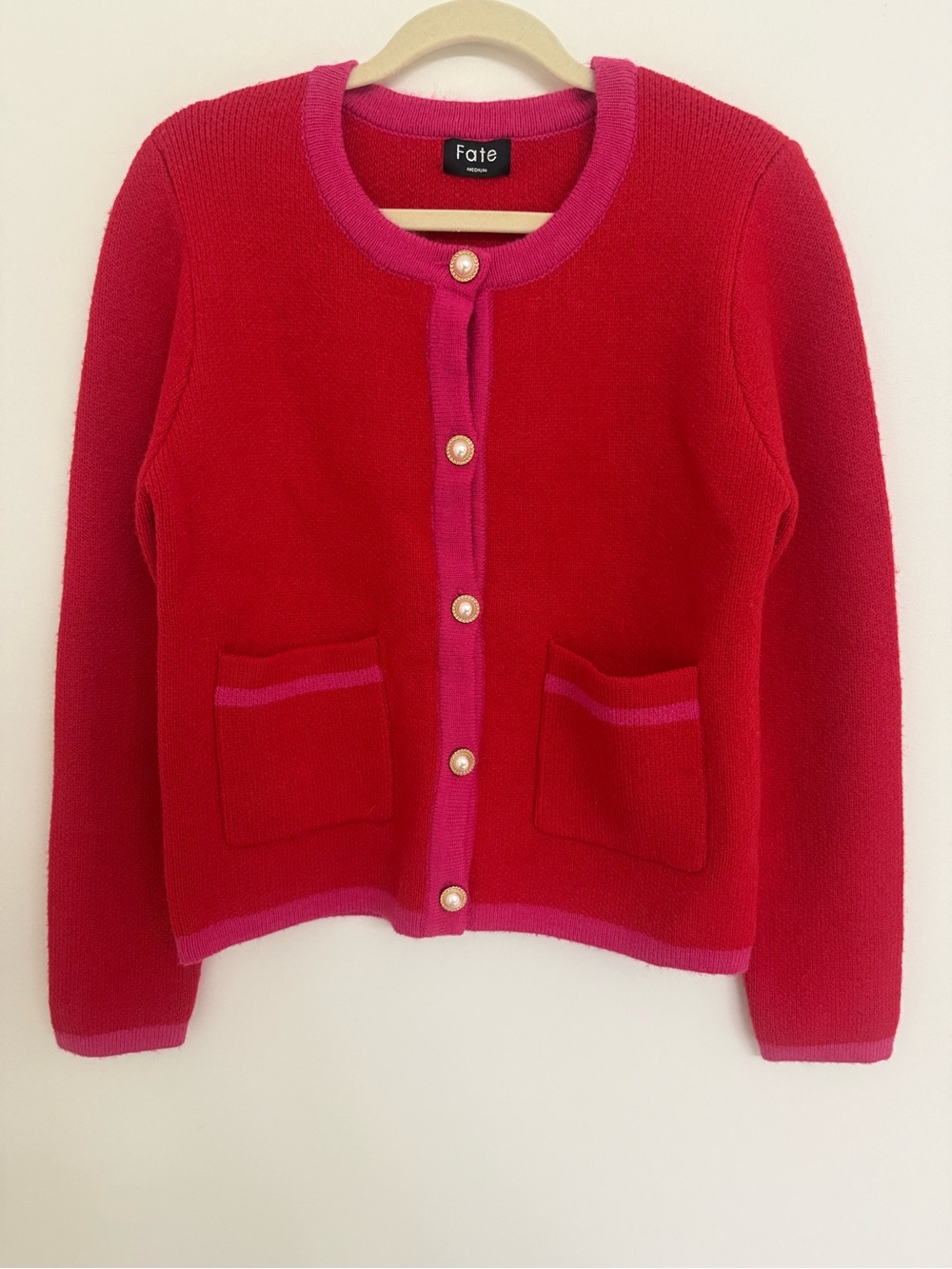 Fate Red and Hot Pink Knit Cardigan with Pearl Buttons Women’s Size medium